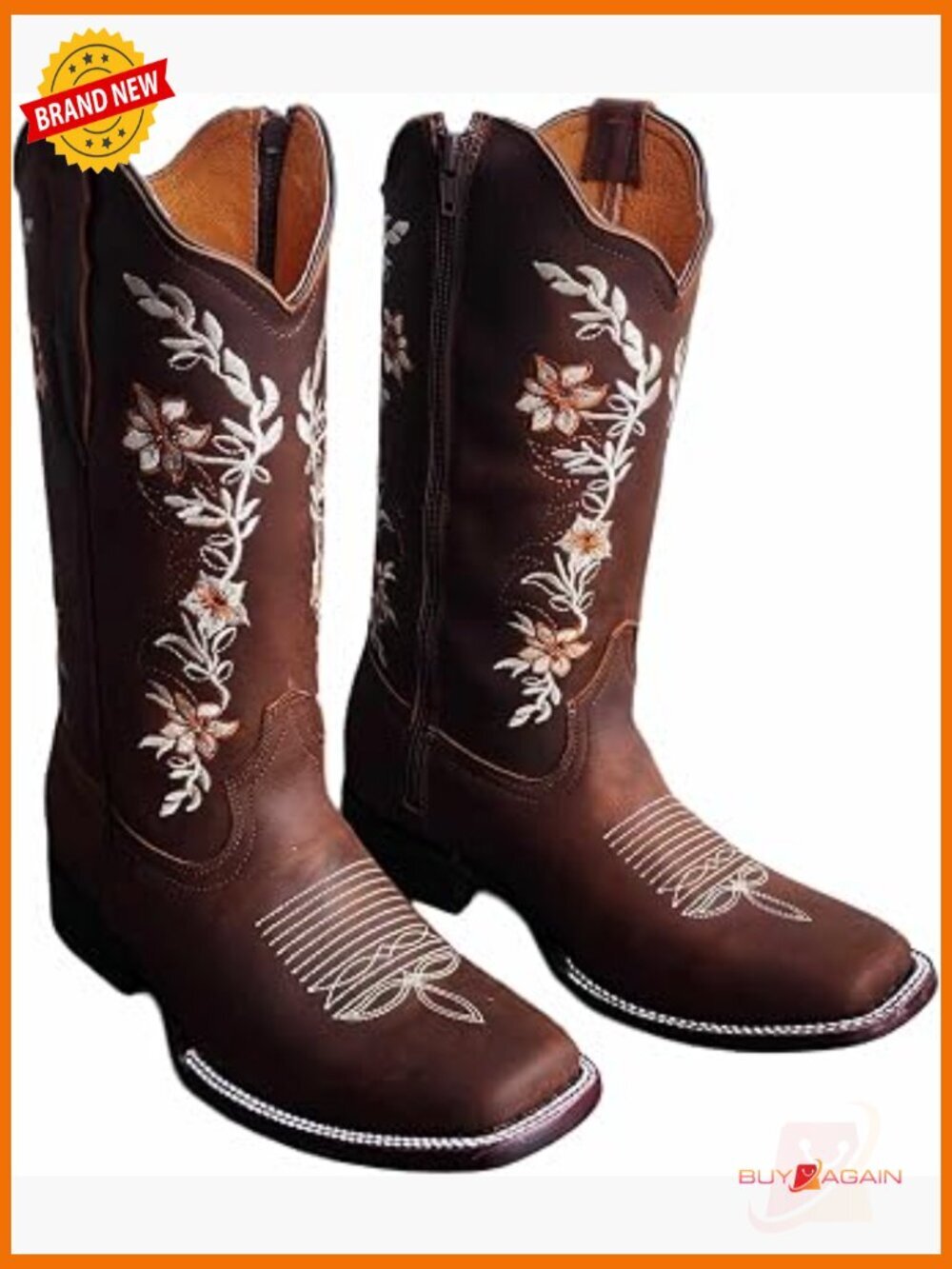 Cowgirl Square Toe Leather Floral Embroidered Zipper Boot